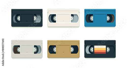 Retro vhs tapes collection, cassette, vintage media, flat vector illustration