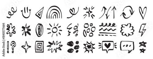 Playful doodle icons in black lines, cheerful handsketched symbols including sun, rainbow, heart, cloud, lightning, speech bubble, leaf and star, scattered on clean white background, seamless vector