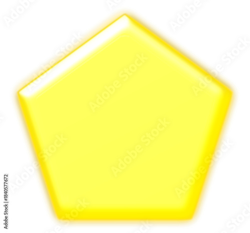 Bright yellow glossy three-dimensional pentagon shape with a soft glow on a white background.