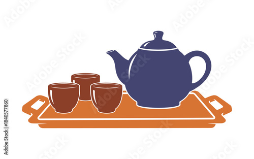Tea ceremony representation. Traditional teapot and cups on a serving tray. A cultural ritual that symbolizes relaxation and hospitality. A colorful tea vector image for themes of Asian tea culture.

