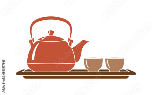 Tea ceremony symbol. Classic teapot and cups arranged on a serving tray. A cultural ritual that represents relaxation and hospitality. A colorful tea vector icon reflecting Asian tea culture themes.

