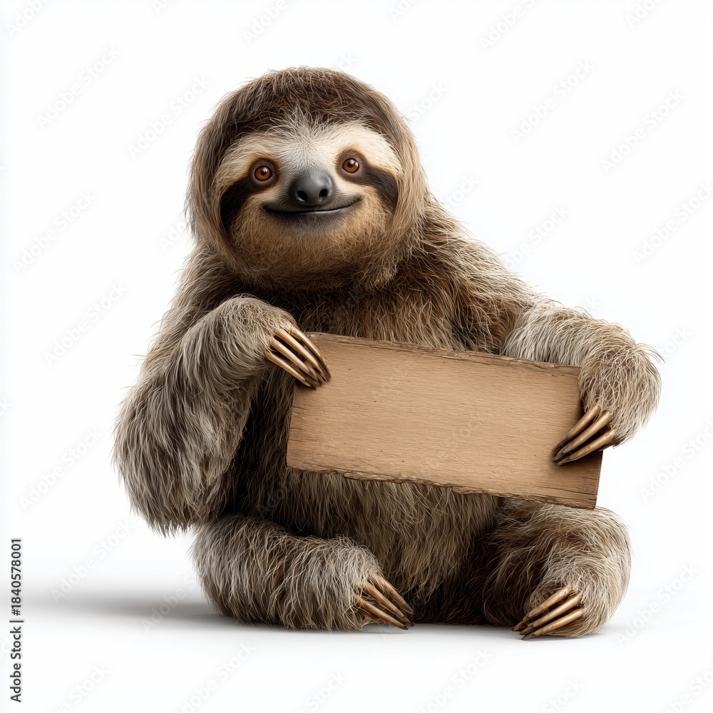 Fototapeta premium Sloth Holding Blank White Sign on White Background
