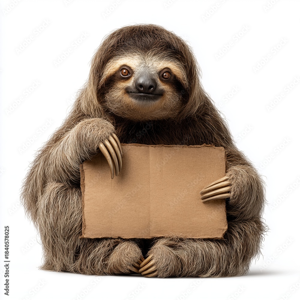 Obraz premium Sloth Holding Blank White Sign on White Background