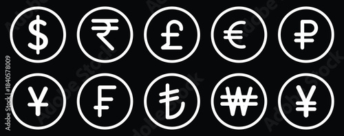 Currency symbols icons set with label. Dollar, Euro, Pound, Rupee, Franc, Ruble, Yen, Won black and white color vector illustration. Money icon set. Dollar and Euro symbol. showing online payment. 