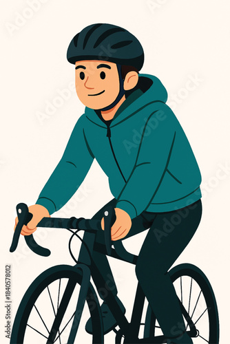 Cool youngster riding bike with jacket and helmet,