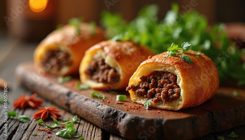 Fototapeta Naklejka Na Ścianę i Meble -  Egyptian hawawshi stuffed with spiced minced meat on rustic wooden board. Crispy bread roll pastry garnished with fresh herbs, spices. Delicious traditional Eastern dish served warm, ready to eat.