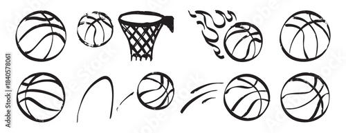 Playful Crayon Basketball Icons Scattered With Youthful Energy, Small And Large Ball Sketches, Hoop Outlines And Bounce Arcs Evoke Summer Camp Practice And Beginner Drills, Friendly Atmosphere