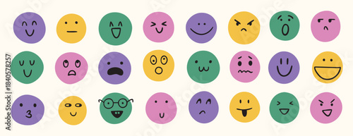 Colorful Smiling Emoji Faces In Pastel Palette, Floating On White Background, Varied Expressions Including Wink, Laugh, Surprised, Angry, Simple Round Shapes, Hand Drawn Doodle Accents, Playful Mood,