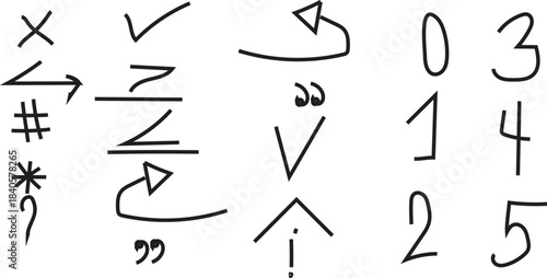 Handwritten symbols and numbers on a white background