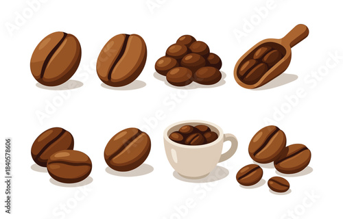 Coffee beans set, flat vector illustration, espresso, caffeine, scoop