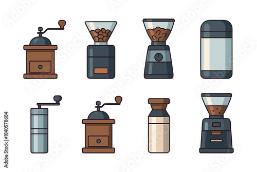 Coffee grinder collection, brewing equipment, beans, flat vector illustration