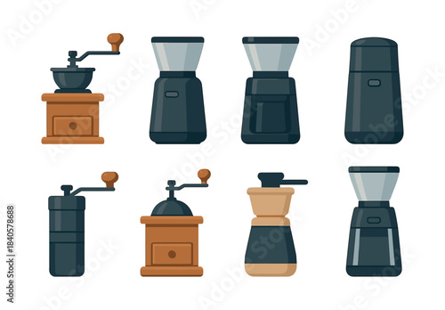 Coffee grinder set, flat vector illustration, vintage, modern designs