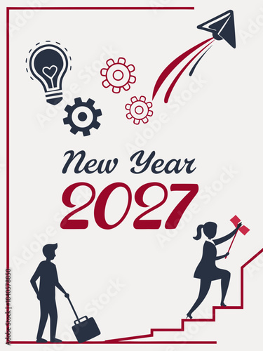 New Year 2027 Motivation Illustration – Light Bulb, Gears, Paper Airplane, Ambitious Silhouettes for Progress, Growth Posters, Cards, and Future‑Focused Branding