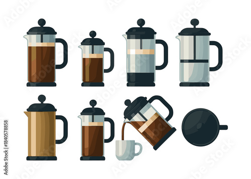 Coffee press varieties, brewing methods, flat vector illustration