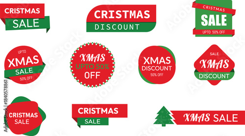 Bold red and green Christmas discount badges designed for seasonal promotions and holiday shopping deals