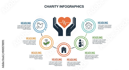 Charity Infographics with Hands Holding Heart and Icons for Donation and Support.