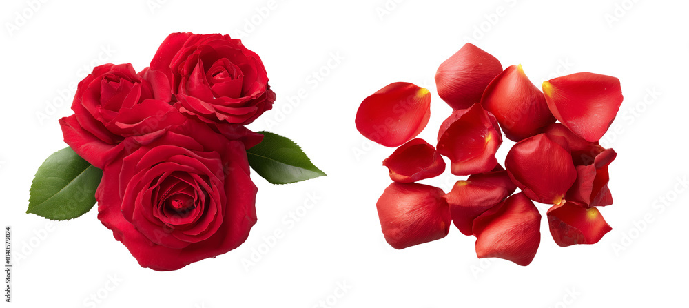 Fototapeta premium Red roses and petals on a transparent background floral arrangement nature close-up view