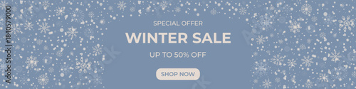 Winter sale banner with detailed snowflakes on textured background. Clean typography and frosty decorative elements. Elegant seasonal promotion, ad design