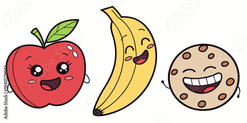 “Kawaii food icons, cute smiling snacks, simple outlines, bold stroke SVG, kids style”