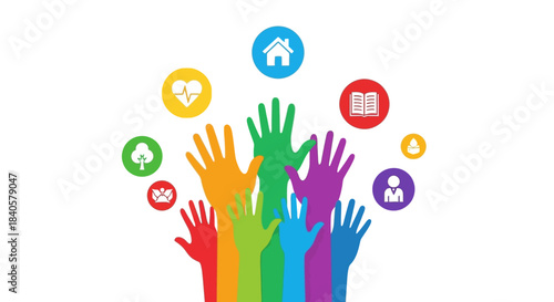 Colorful Hands Reaching Upwards with Icons Representing Community and Support.