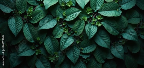 Dark green leaves with lighter green small leaves on branches. Leaves texture filling frame with foliage pattern. Natural background with plants, vegetation. Foliage wallpaper with natural design,