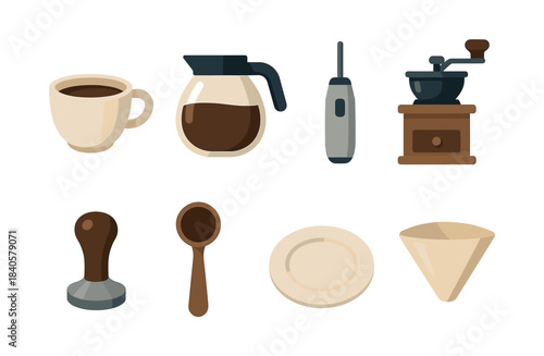 Coffee brewing tools and accessories, flat vector illustration, kitchen gadgets