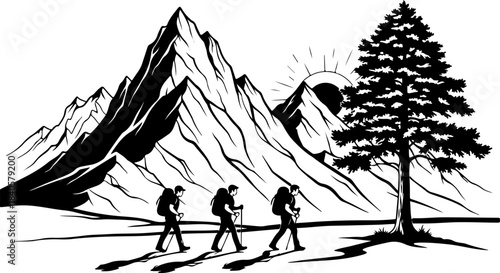 Mountain Hiking Adventure Silhouette Illustration