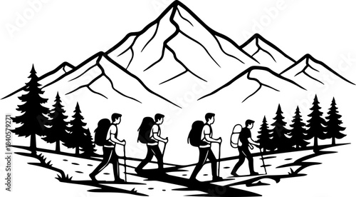 Mountain Hiking Adventure Silhouette Illustration