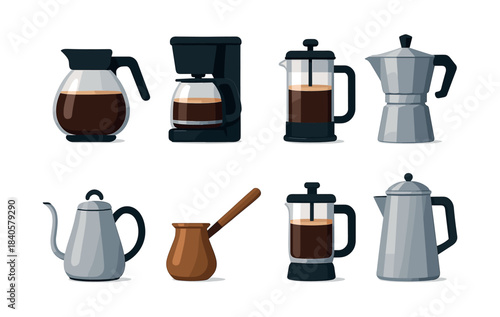 Coffee maker collection, flat vector illustration, espresso, french press