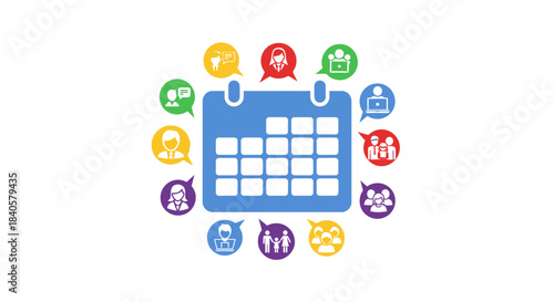 Calendar with colorful speech bubbles representing social interaction.