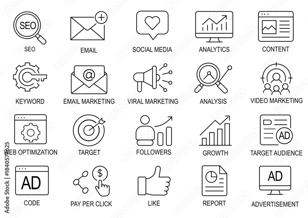 Fototapeta premium Digital Marketing Outline Icons Vector Pack