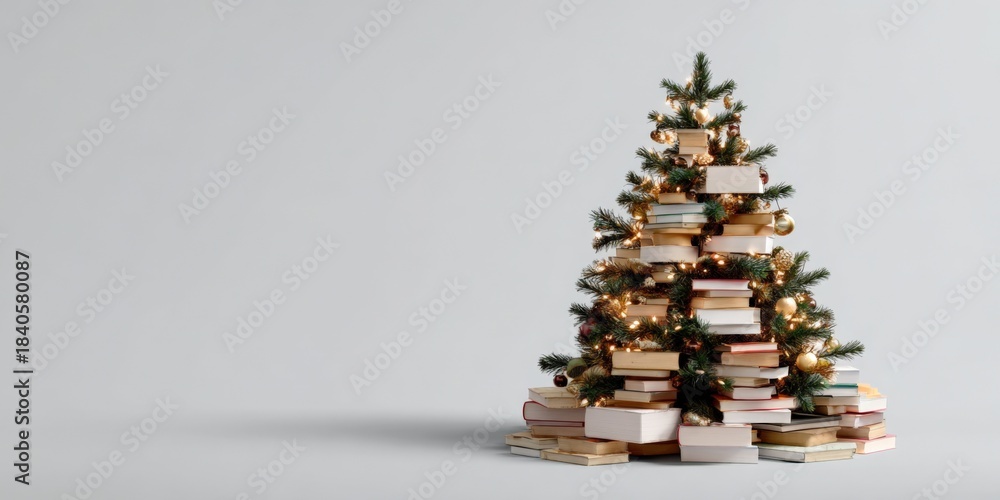 Naklejka premium Creative christmas tree made of stacked books decorated with lights and ornaments
