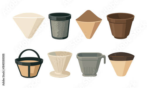 Coffee filter collection, mesh, cone, basket, flat vector illustration