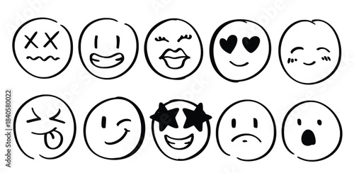 Set of hand drawn Face emoji theme Isolated Vector