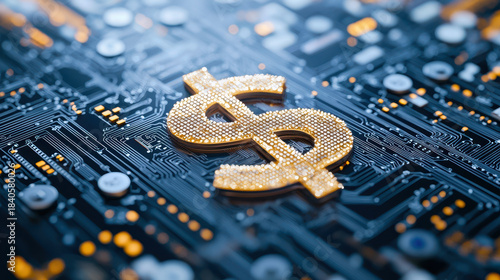 Wallpaper Mural Golden dollar symbol stands out against dark circuit board background, representing finance and technology Torontodigital.ca