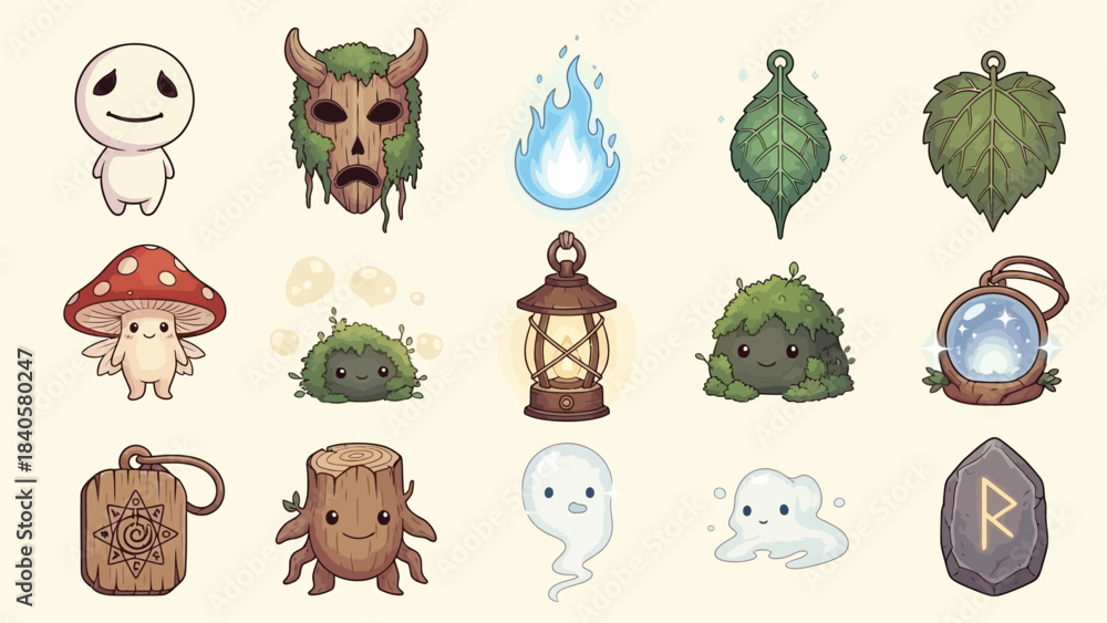 Fototapeta premium Cute Pixel Art Fantasy Game Assets and Magic Elements Set.