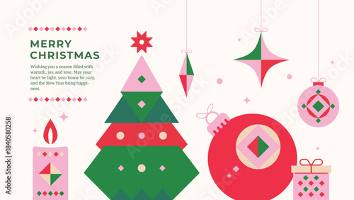 Modern geometric flat style Christmas greeting card with stylized green tree, pink ornaments, gift box and candle