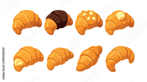 Croissants assortment, bakery pastries, breakfast treats, flat vector illustration