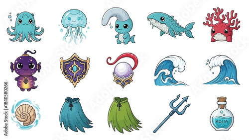 Cute Under the Sea Fantasy Creatures and Magic Items Vector Set.