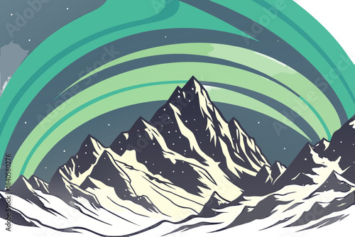 Geometric northern lights above sharp angular snow mountains, smooth gradient shapes, transparent background.
