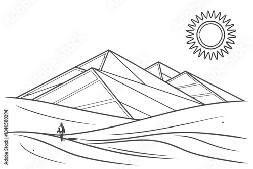 Minimalist geometric desert ridge with stacked polygonal dunes and a single abstract sun, clean line edges, transparent background.