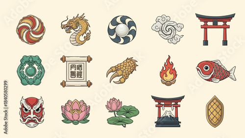 Asian Culture and Traditional Japan/China Symbol Vector Set.
