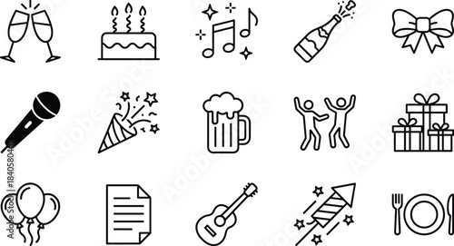 Celebration and Party Outline Icons Vector Set: Birthday Cake, Champagne, Dancing, Music, Gifts, and Event Symbols for Invitations, Apps, and Festive Designs,