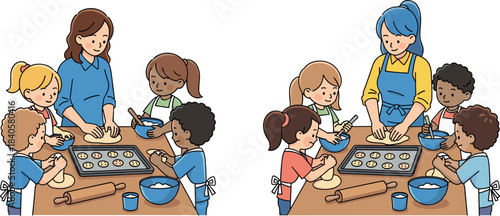 Two scenes of a teacher or mother baking cookies with a diverse group of happy children, kneading dough and preparing biscuits, vector illustration for cooking class and childhood fun.