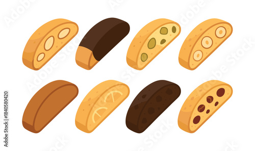 Biscotti assortment, cookies, biscuits, flat vector illustration