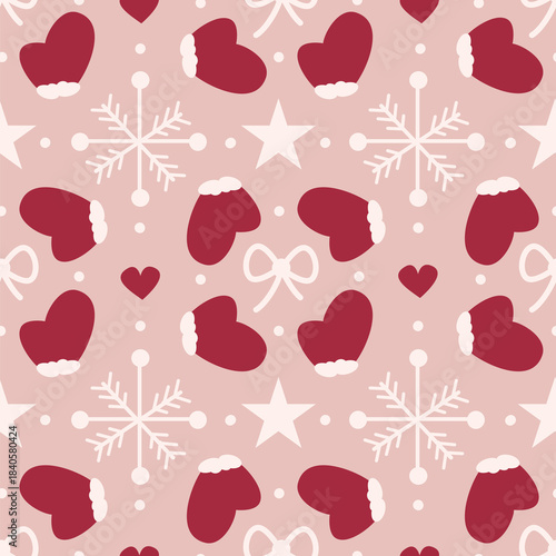 cute hand drawn christmas holiday season seamless vector pattern vintage illustration with red gloves, snowflakes, stars and hearts on pink background