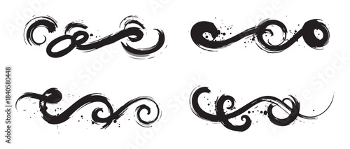 Decorative brush stroke elements feature a collection of abstract ink swirls and grunge textures, perfect for graphic design projects and artistic embellishments.