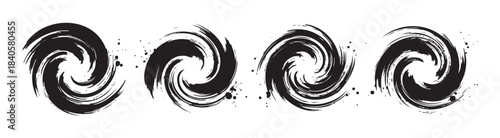 Abstract grunge brushstroke swirls form a dynamic artistic pattern with textured ink splatters, creating a modern and expressive design element.