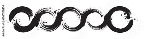 Abstract brushstroke chain pattern featuring a continuous series of interconnected black ink loops with textured edges and subtle splatters.
