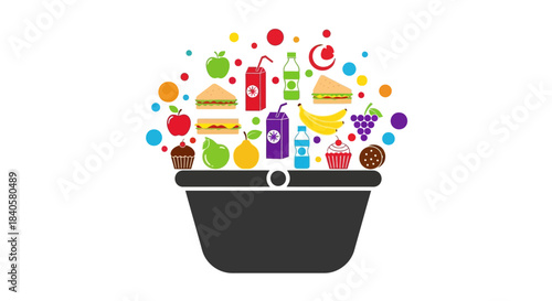 Shopping basket overflowing with colorful assortment of food and drinks.